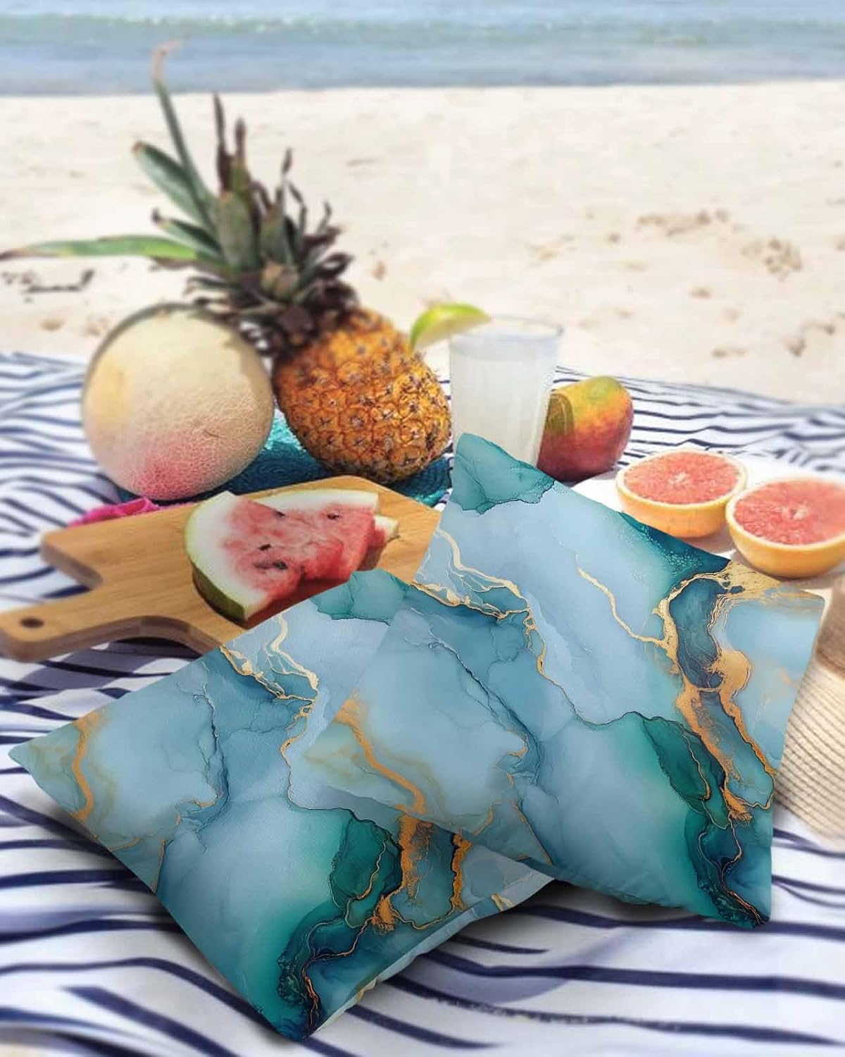 Pack of 2 Marble Blue Gold Outdoor Pillow Waterproof Covers 26x26 inch, Simple Abstract Texture Polyester Throw Pillow Covers Garden Cushion Decorative Case for Patio Couch Decoration