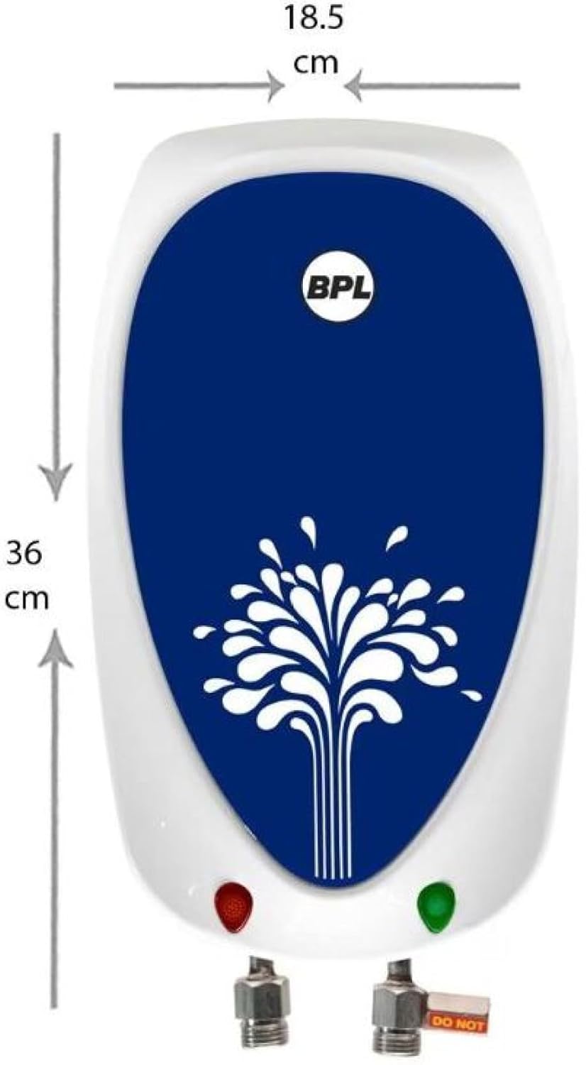 Diagram showing the dimensions of the BPL Instant Water Heater: 18.5 cm width and 36 cm height.