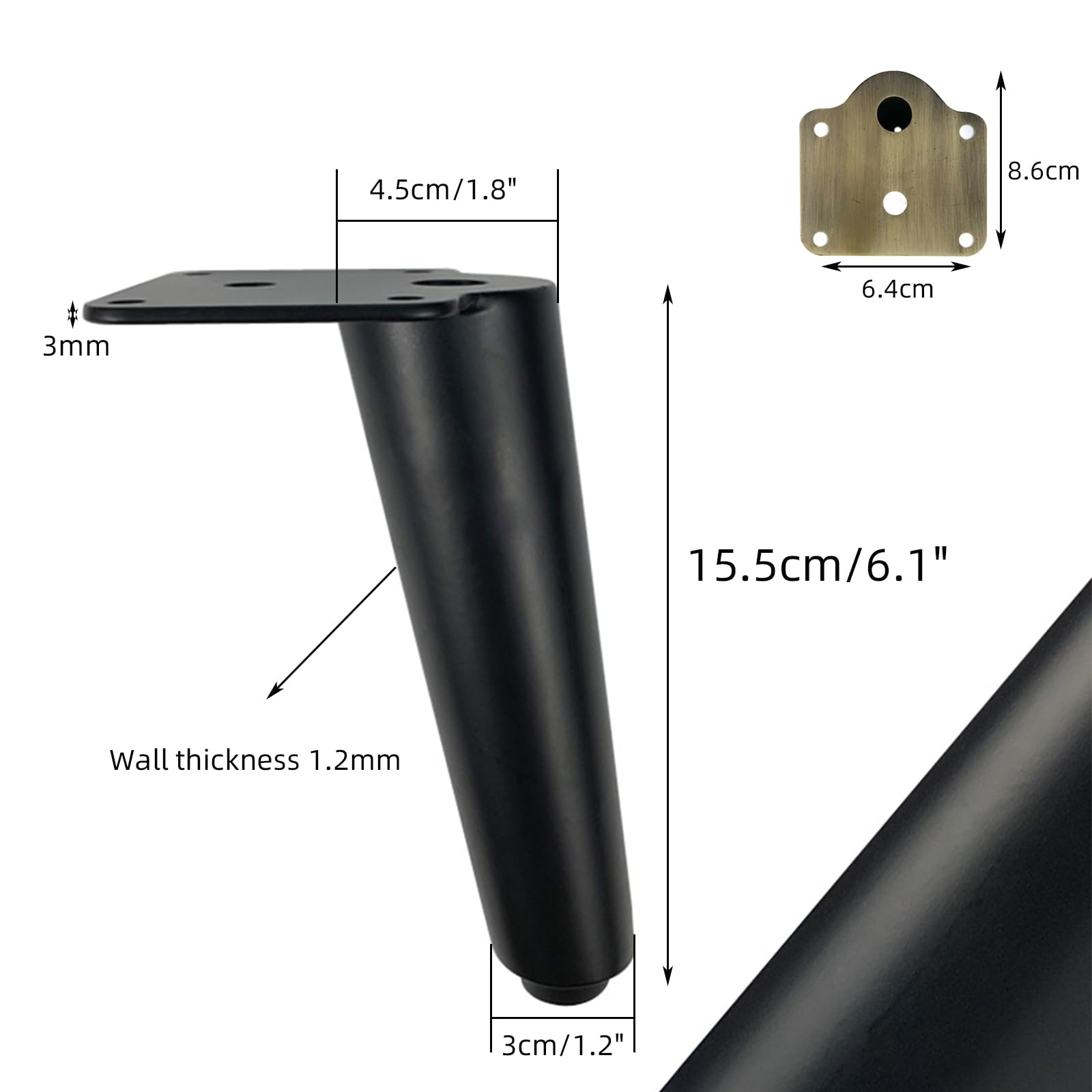 Generico Gambe per Mobili Piedini per Tavolo Conici Neri 4 Pezzi Supporto in Ferro Nero Vernice Spray Piedini per Divano Altezza 15,5 cm/6,1" Piedini per Mobile 15,5 cm/6,1"