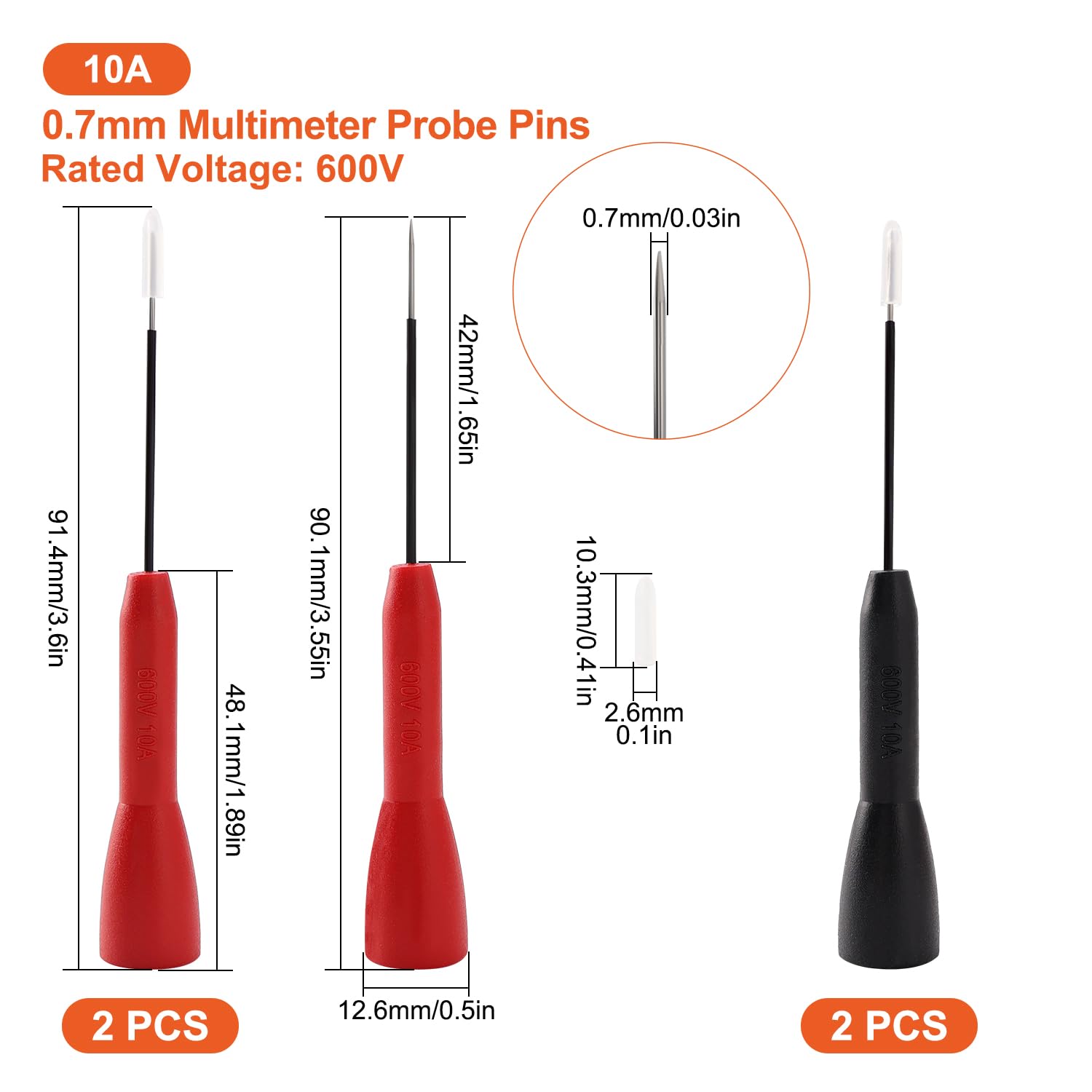 4 Sztuk 10A 600V 0.7mm Sondy Multimetru Kompatybilnych z Sondami 2mm, Pin Sondy Testowej z Tyłu, do Testowania Multimetrem, Czerwono Czarny