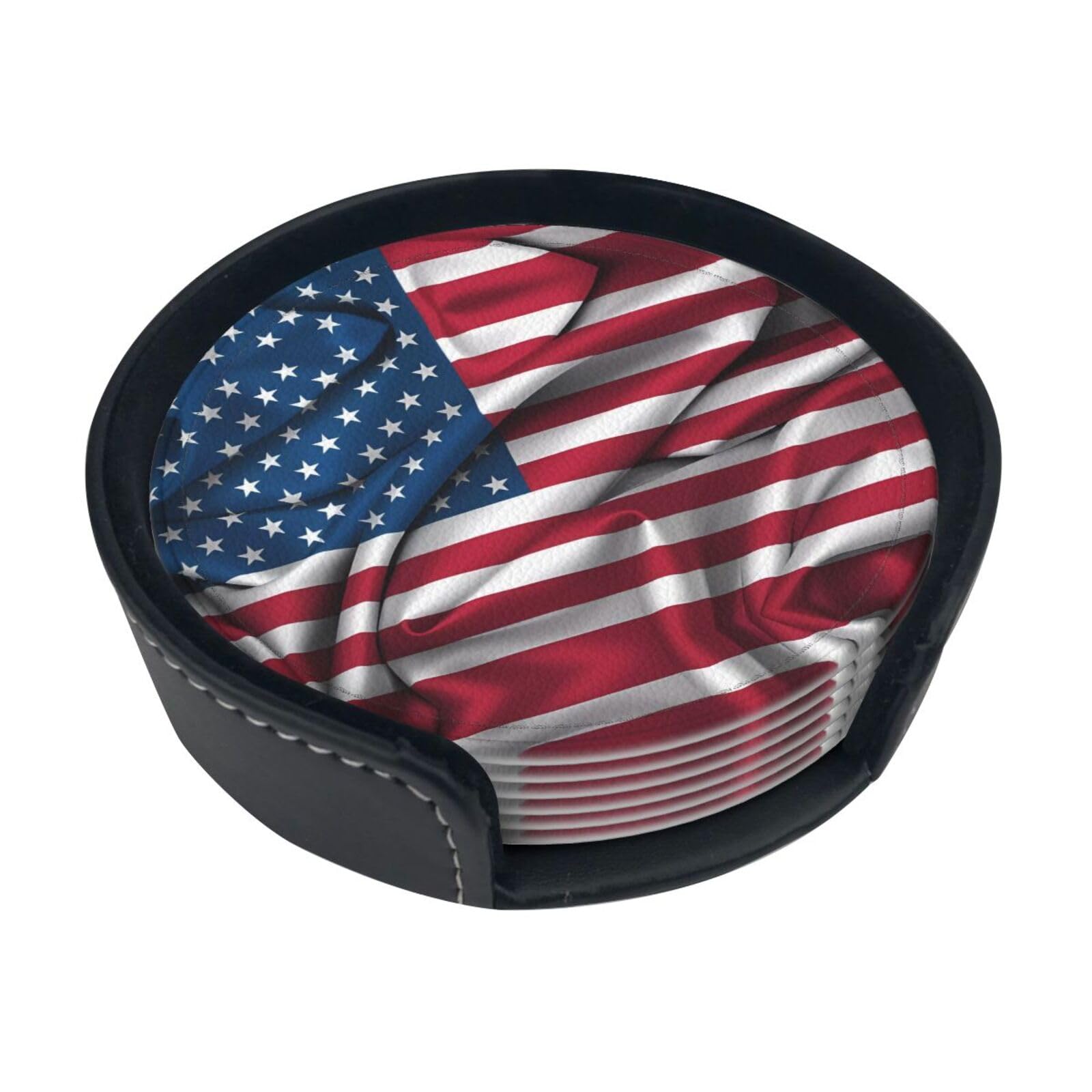 American Flag Patterned Coaster Set (6 Pack), Round Coasters, Suitable for Home Kitchen or Coffee Table Decoration