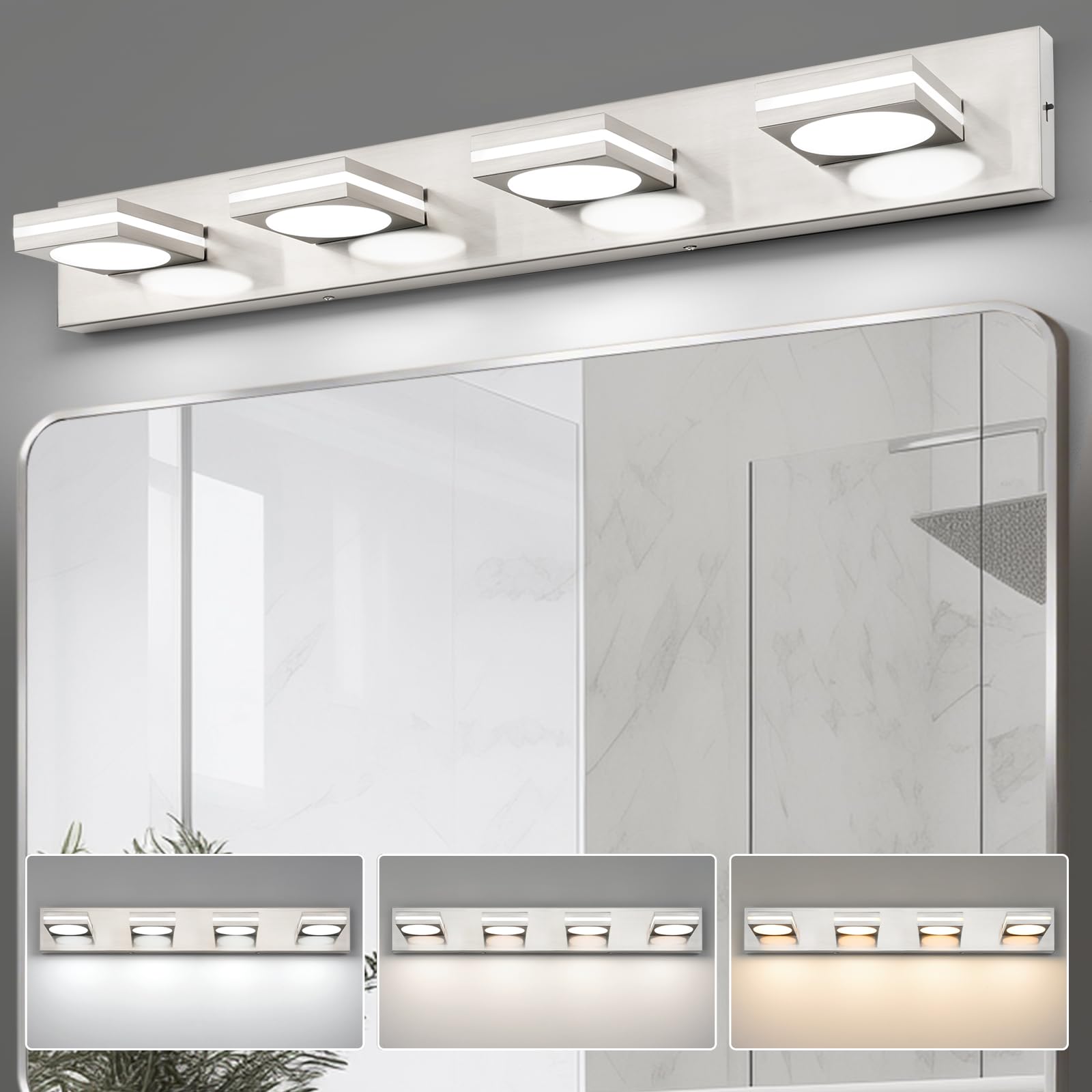 OKELI LED Modern Bathroom Vanity Light Fixtures (4-Light, 30-Inch), Brushed Nickel Acrylic Bathroom Wall Lighting Fixtures Over Mirror, 3CCT, ETL Listed, Dimmable
