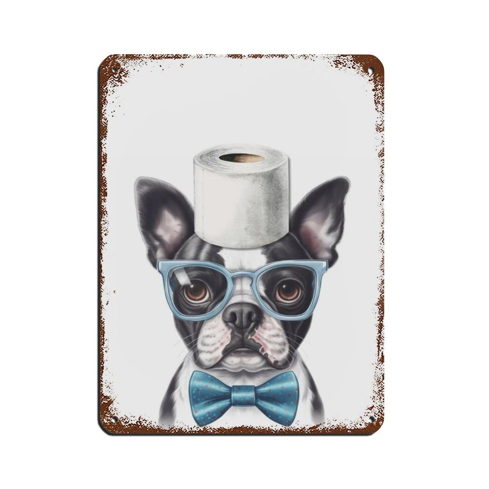 Boston Terrier Bathroom Art, Dog Holding Toilet Paper Retro Poster Metal Tin Sign Chic Art Retro Iron Painting Bar People Cave Cafe Family Garage Poster Wall Decoration 12x16inch(30x40cm)