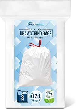 Simpli-Magic 8 Gallon Drawstring Trash Bags, Code A, 120 Pack Tall Kitchen Garbage Bags, Custom Made with Premium Materials White