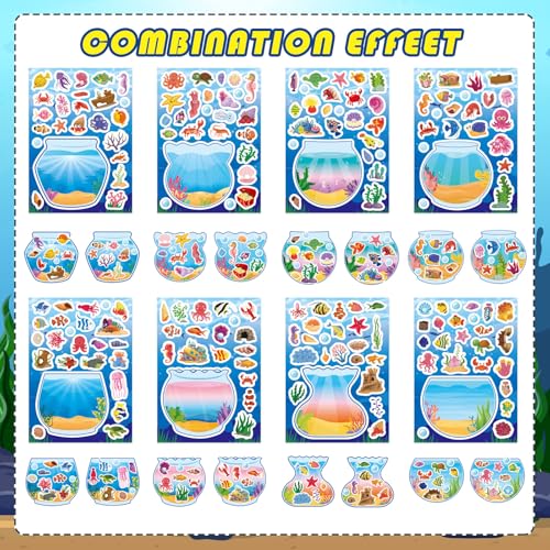 Image of Ocean Animal Stickers, Make Your Own Sea Animal Fish Tank Scene Sticker | Make a Face Sticker Sheets for Kids, Goodie Bags Stuffers, Summer Party Favors Activities