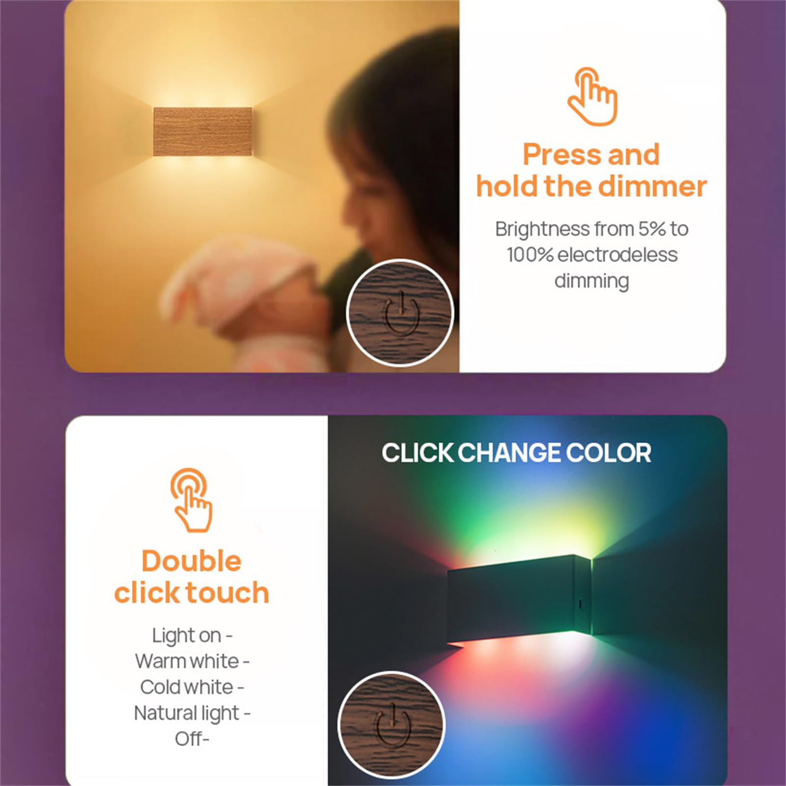 Recargables USB Lámpara de Pared con Batería LED Interior RGB Regulable Aplique de Pared con Mando a Distancia Iluminación de Pared Lámpara de Pasillo Dormitorio Sala de Estar (Negro)