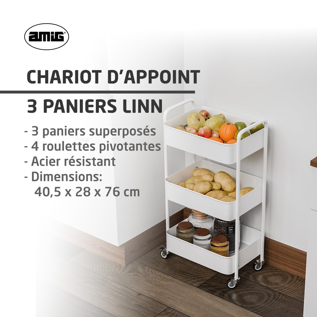 Amig – Desserte de Cuisine 3 Niveaux à roulettes Mod. Linn – Étagère auxiliaire en Acier – Blanc – Chariot Multi-usages pour Cuisine, Salle de Bain ou Bureau – 40,5 x 28 x 76 cm