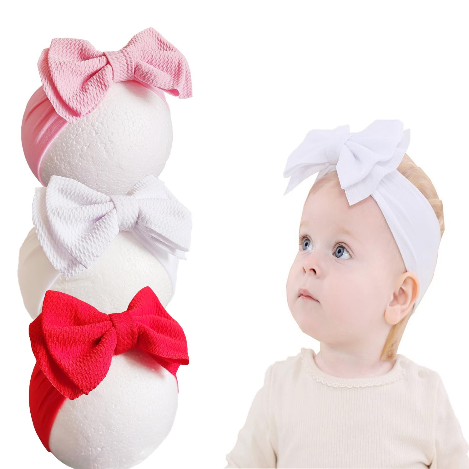 Hjiaruiky 3PCS Baby Girl Bows Baby Headbands Newborn Bow Big Stretchy Nylon Headbands for Baby Girls Hair Bows Hair Accessories for Infant Pink(B)