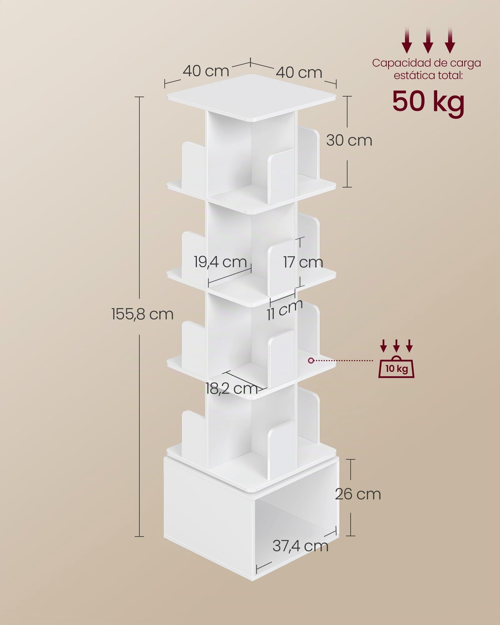 VASAGLE Custos Colección - Estantería Giratoria de 5 Niveles, Librería Rotatoria 360°, con Compartimentos Abiertos, 40 x 40 x 155,8 cm, para Dormitorio, Salón, Oficina, Blanco Nube LBC472WB01