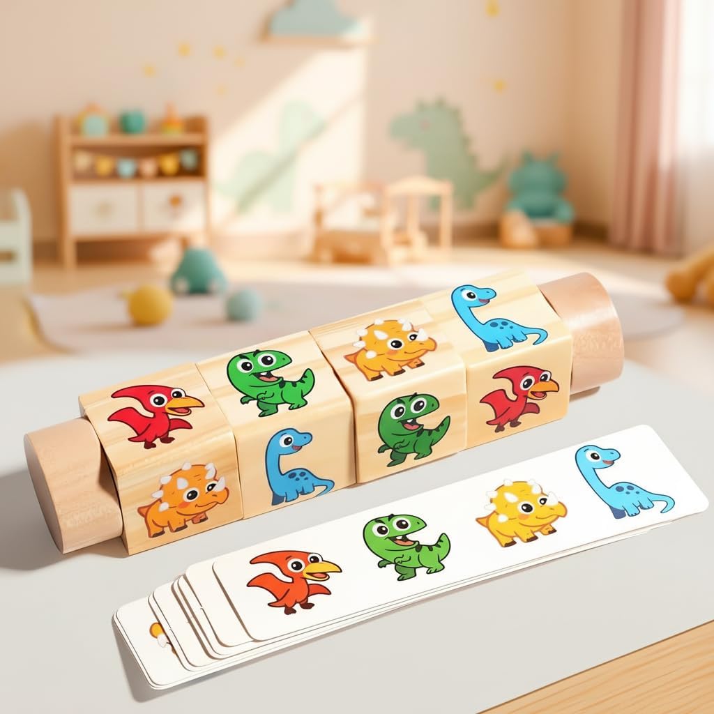 Wooden Dinosaur Matching Puzzle Game – Early Educational Toddler Rotating Block Puzzle with Cards for Hand-Eye Coordination & Fine Motor Skills Development for Age 1 2 3+