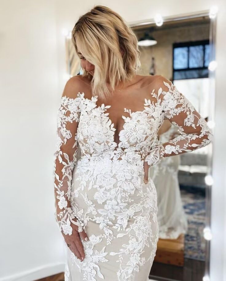 Mermaid Sequin Applique Tulle Wedding Dresses for Bride with Trailing Tail Long Sleeve Bridal Shower Dress for Bride4