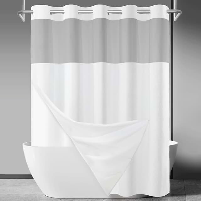No Hook Slub Textured Shower Curtain with Snap in Liner - White Fabric O...