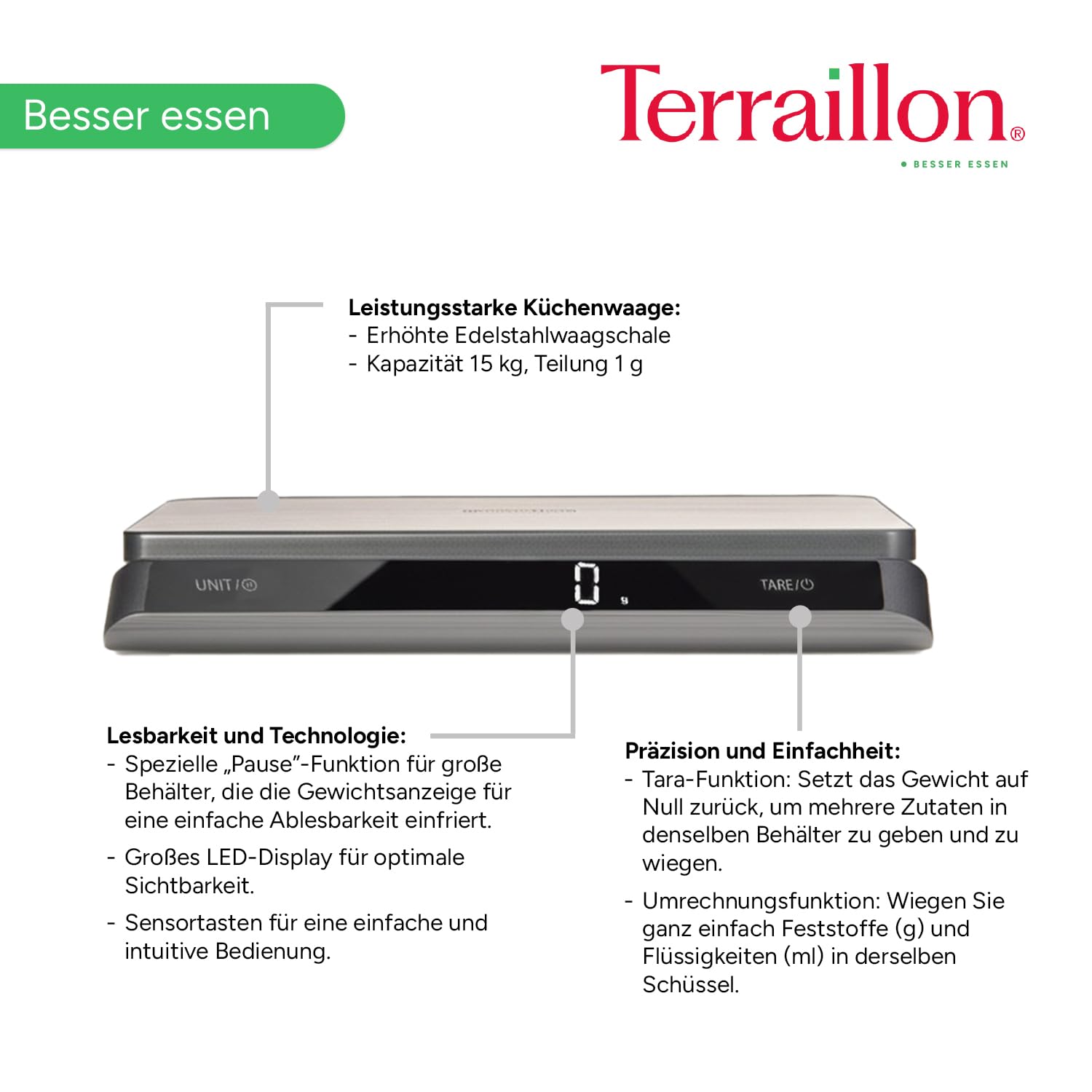 TERRAILLON - PRO USB15 – Professionelle elektronische Küchenwaage, große Platte aus Edelstahl, 23 x 16 cm, Kapazität 15 kg, Skala 1 g, wiederaufladbar über USB C, LED-Display mit