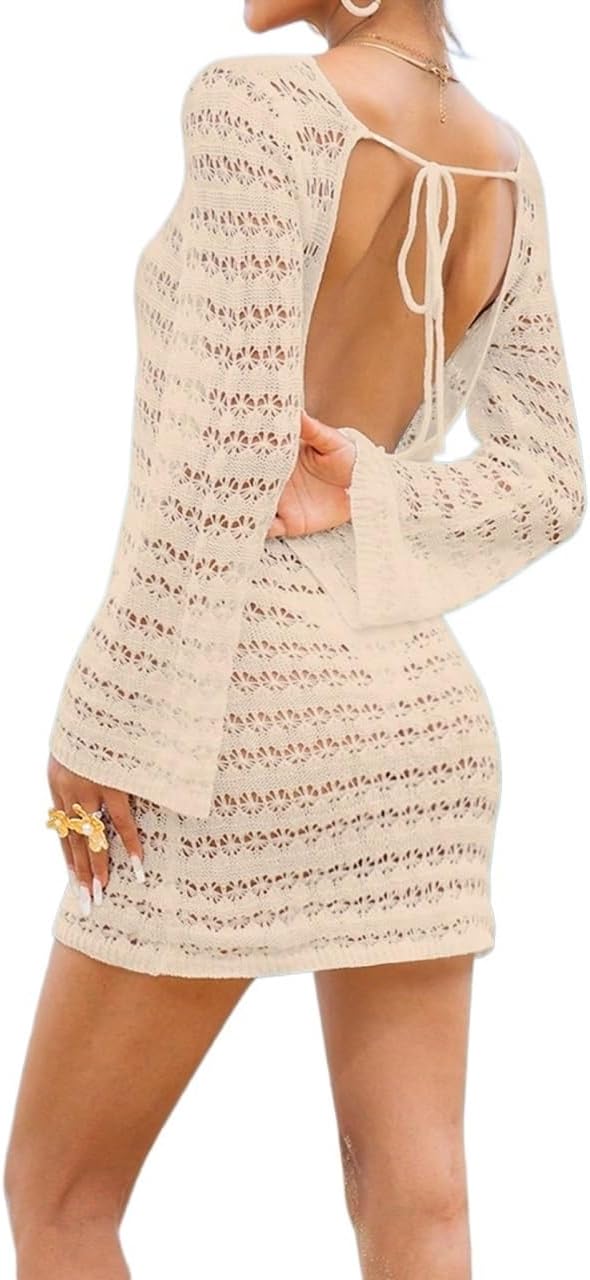 Women's Backless Hollow Out Long Sleeve Cover Up Mini Dress, Spring/Summer Beach cover ups for swimwear