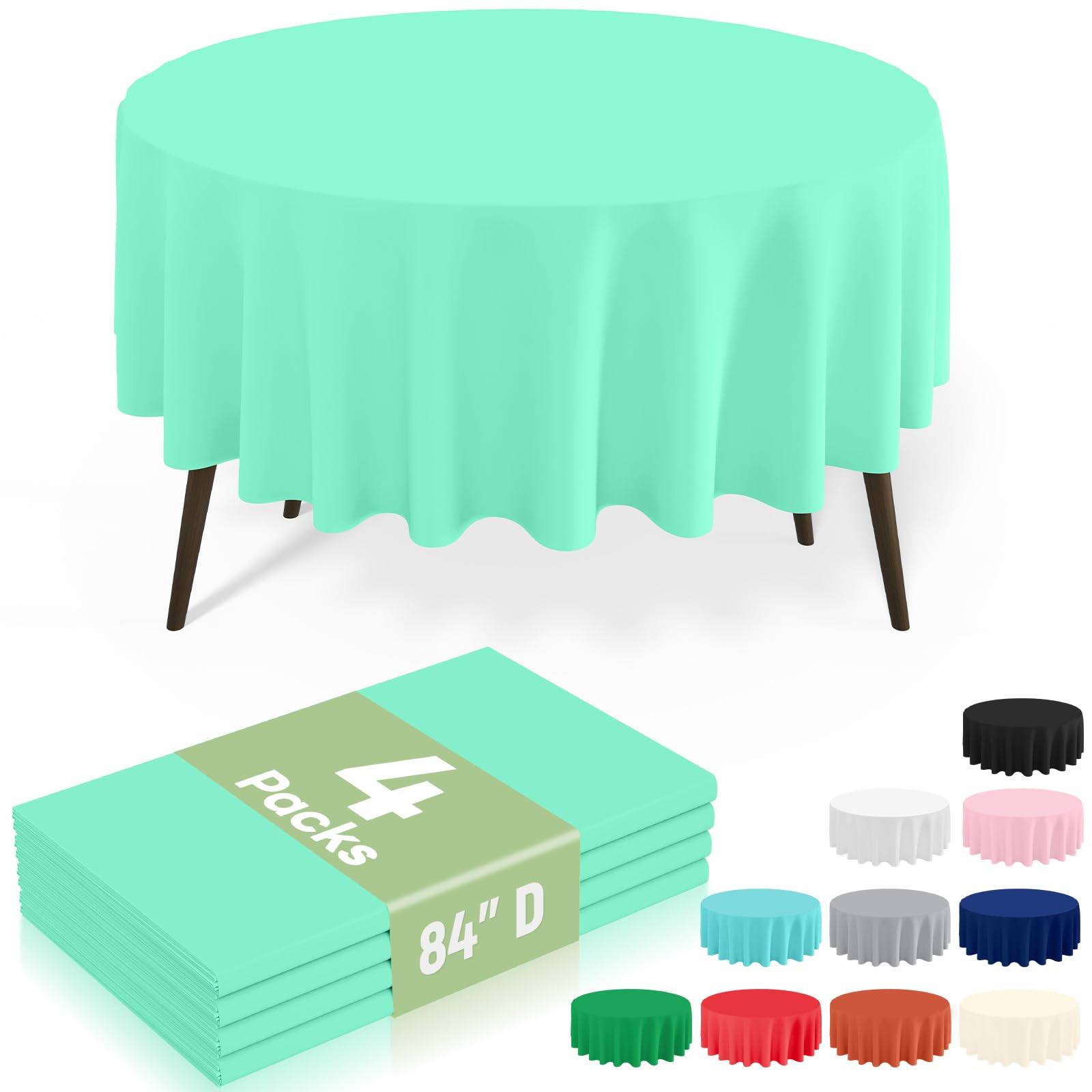 misaya 4 Packs Disposable Plastic Table Cloth, 84" Round Waterproof Tablecloth, Leakproof &amp; Sturdy Decorative Table Covers for Picnic, Party, Outdoor and Back to School, Mint Green