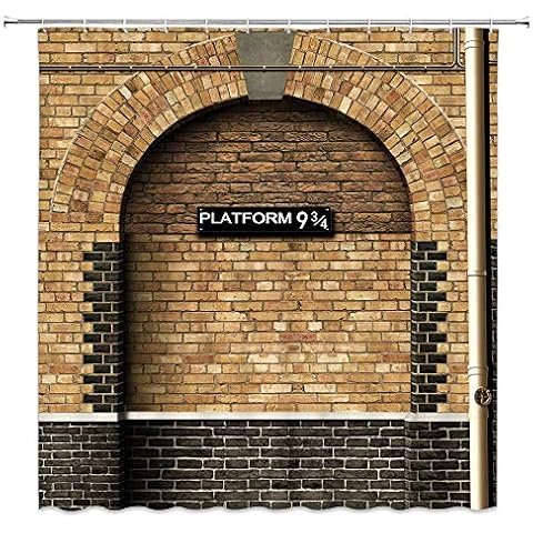 Lileihao Train Platform 9 and 3/4 Shower Curtain Secret Passage of King's Cross Railway Station to Magic School Retro Brick Wall Bathroom Decor Polyester Bath Curtains Set 70 x 82 Inch with Hooks Cover