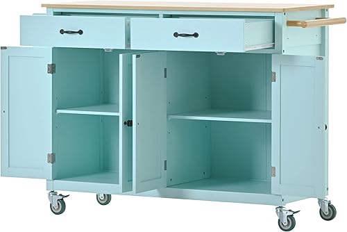 Miniatura 3 de Isla de cocina rodante de 54.3 pulgadas con encimera de madera de goma, carrito de isla de cocina con armario de almacenamiento y dos cajones, isla