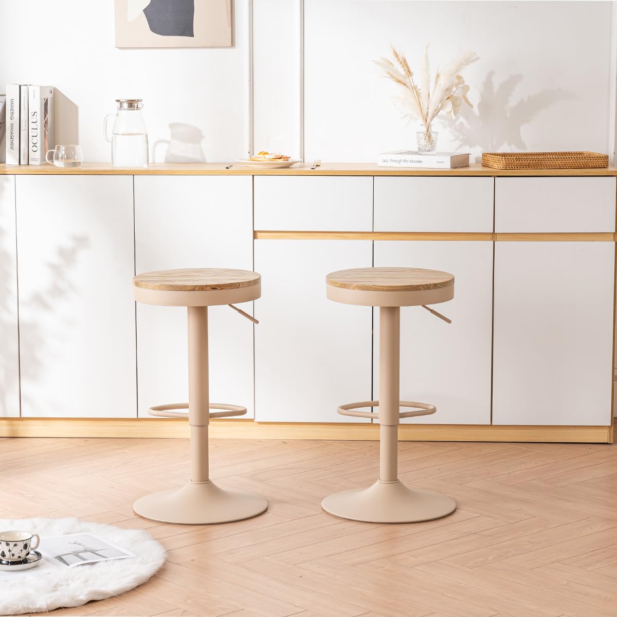 YOUNIKE Taburete de Bar Juego de 2 Taburetes de Bar de Madera Silla de Bar Alta Estructura Metálica Giratoria 360° con Reposapiés Industrial Caqui