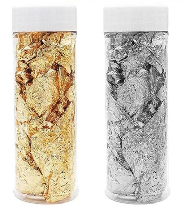2pcs Golden and Silver Foil Flakes | Cake Decoration Metallic Leaf | High Glossy | Ideal for Cake Decorations, Nails, Painting, Crafts, Slime, Resin Jewelery Making – Pack of 2-image-38