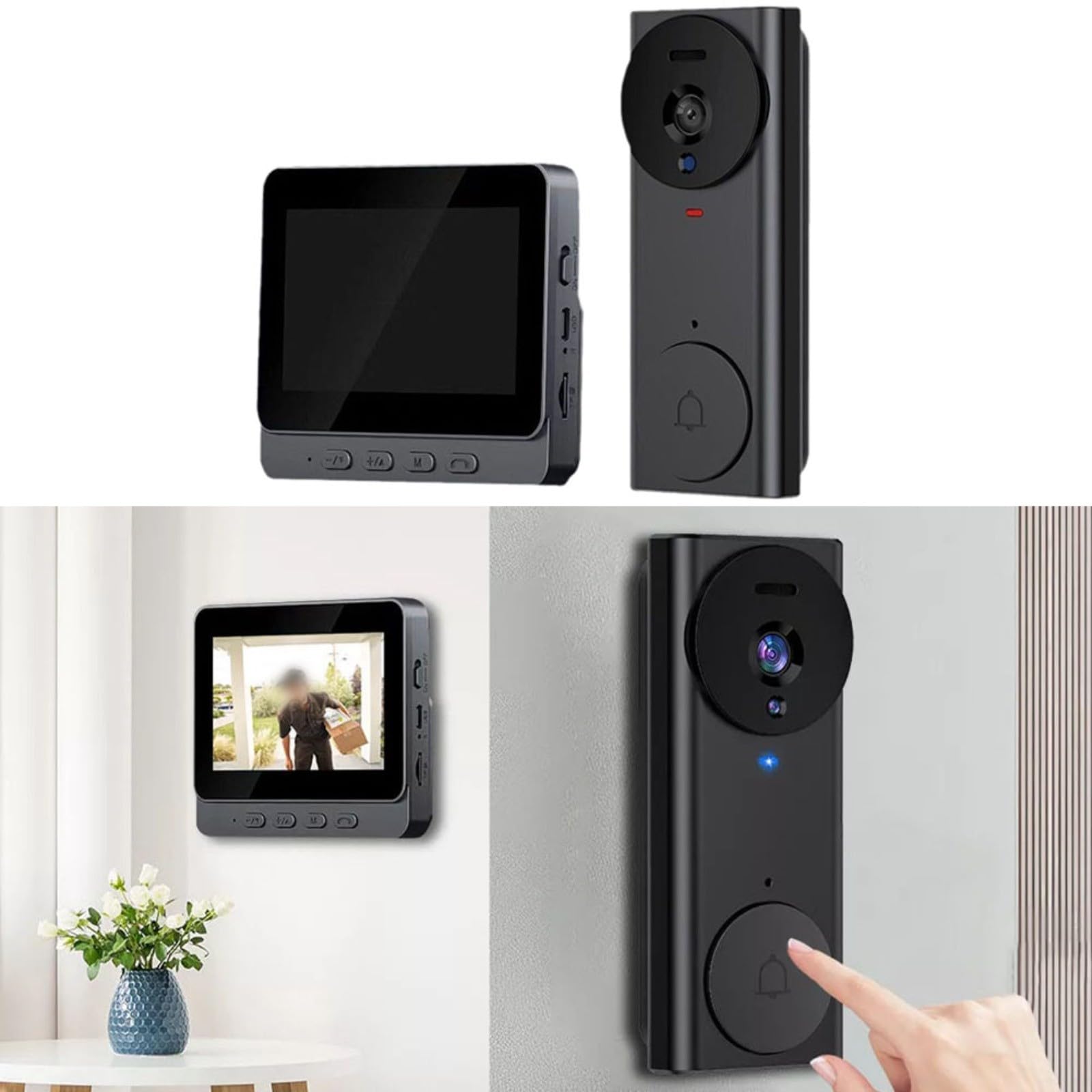 Intercomunicador inalámbrico con video timbre con pantalla de 4.3 pulgadas, conexión 2.4G, audio bidireccional, cámara de visión gran angular de 130°, batería recargable de 1500mAh, monitor interior