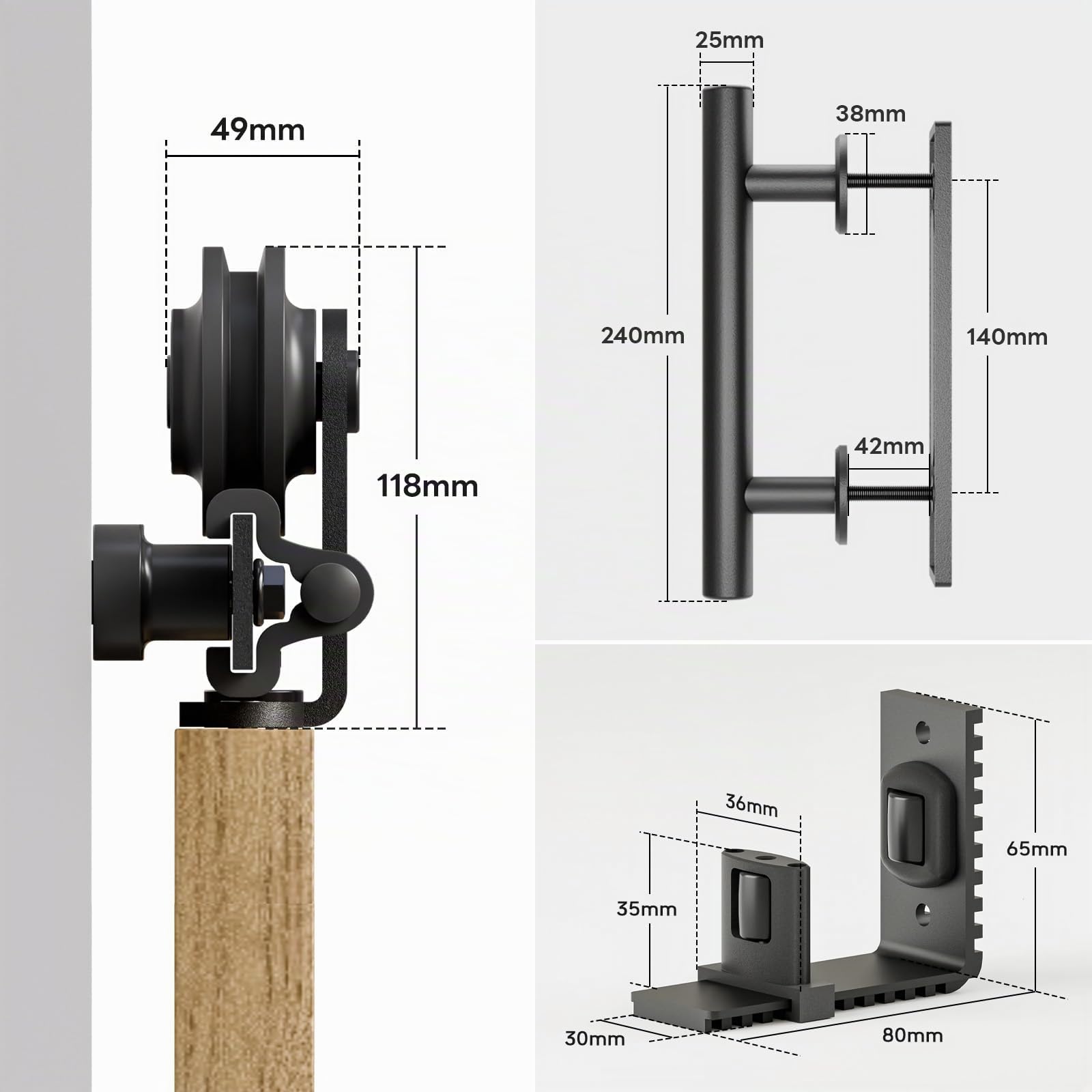 Kit complet de ferrures de porte coulissante de 182 cm - Système de porte coulissante - Noir - Avec guide au sol réglable et poignée de porte