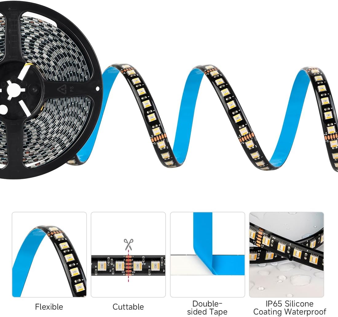 SEZO RGBCCT 5 Colors in 1 LED Strip 96LEDs/m 480LEDs RGBWW RGB+Dimmable Tunable Color Temperature 2700K-6500K IP65 DC24V 16.4FT 5050SMD RGBW LED Lights Tape for Bedroom Desk Home Decoration