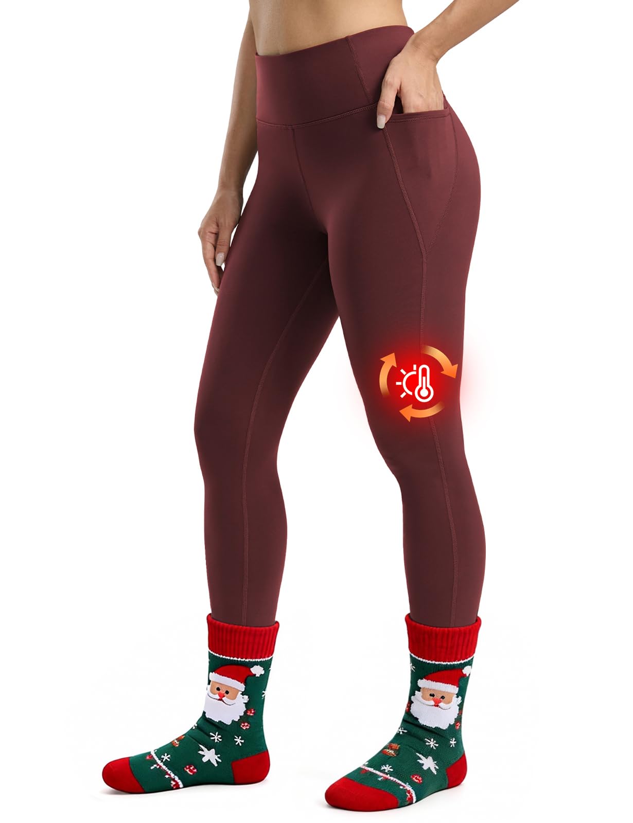Seamaid Legging doublé en polaire pour femme - 68,6 cm - Résistant à l'eau - Thermique - Pantalon de course à pied et de randonnée avec poches - Taille haute, bordeaux, Taille M