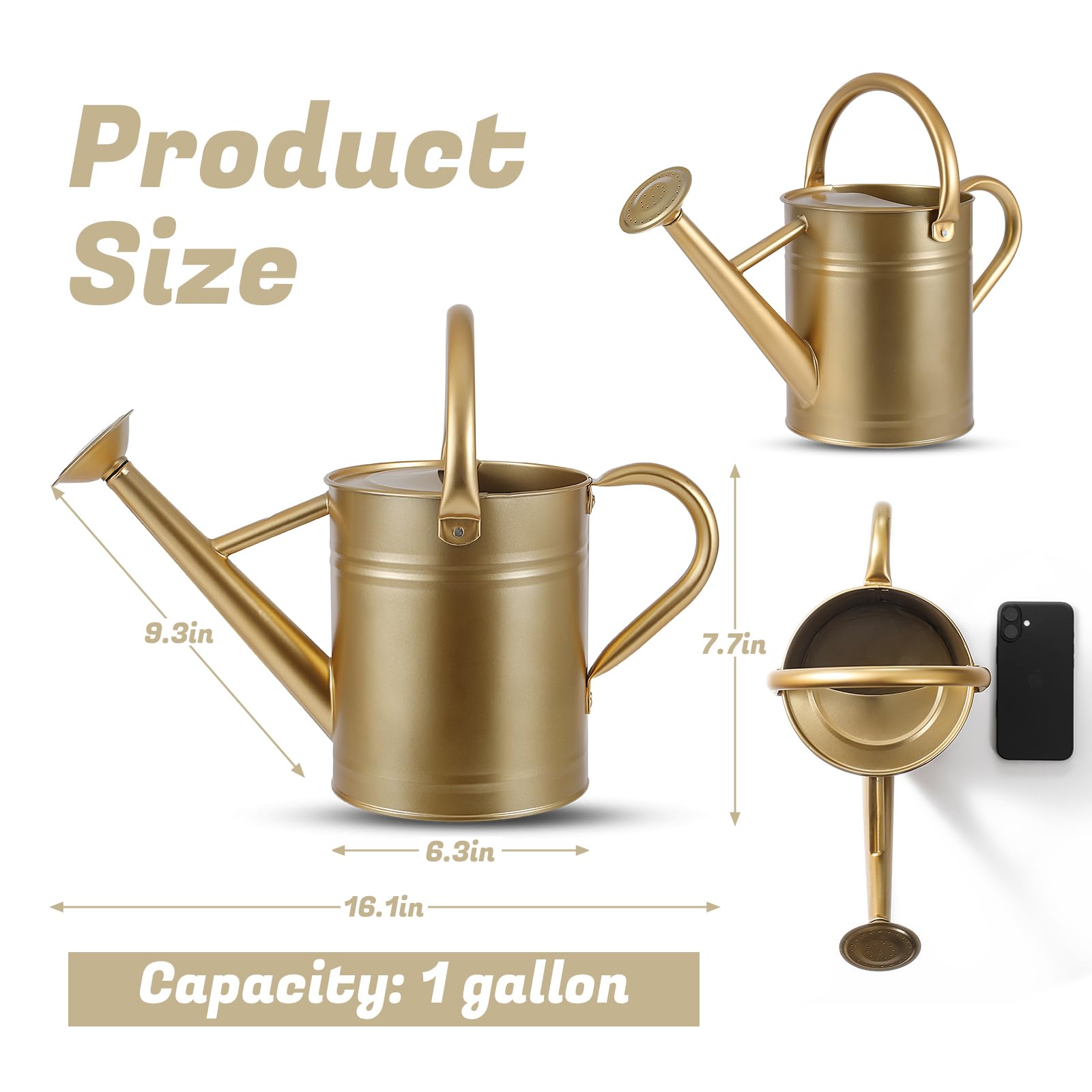 Gießkanne für Pflanzen, Gießkannen für Innen- und Außenbereich, verzinkter Stahl, Gießkanne mit abnehmbarem Auslauf, Metall-Wasserkanne mit ergonomischem, beweglichem Griff (Gold)