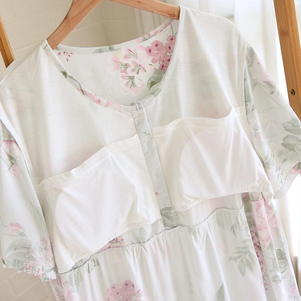 Camisón para Mujer - Primavera/Verano Falda De Mujer De Manga Corta con Almohadilla En El Pecho Camisón con Estampado De Flores Camisón Largo Vestido para Casa Suelto