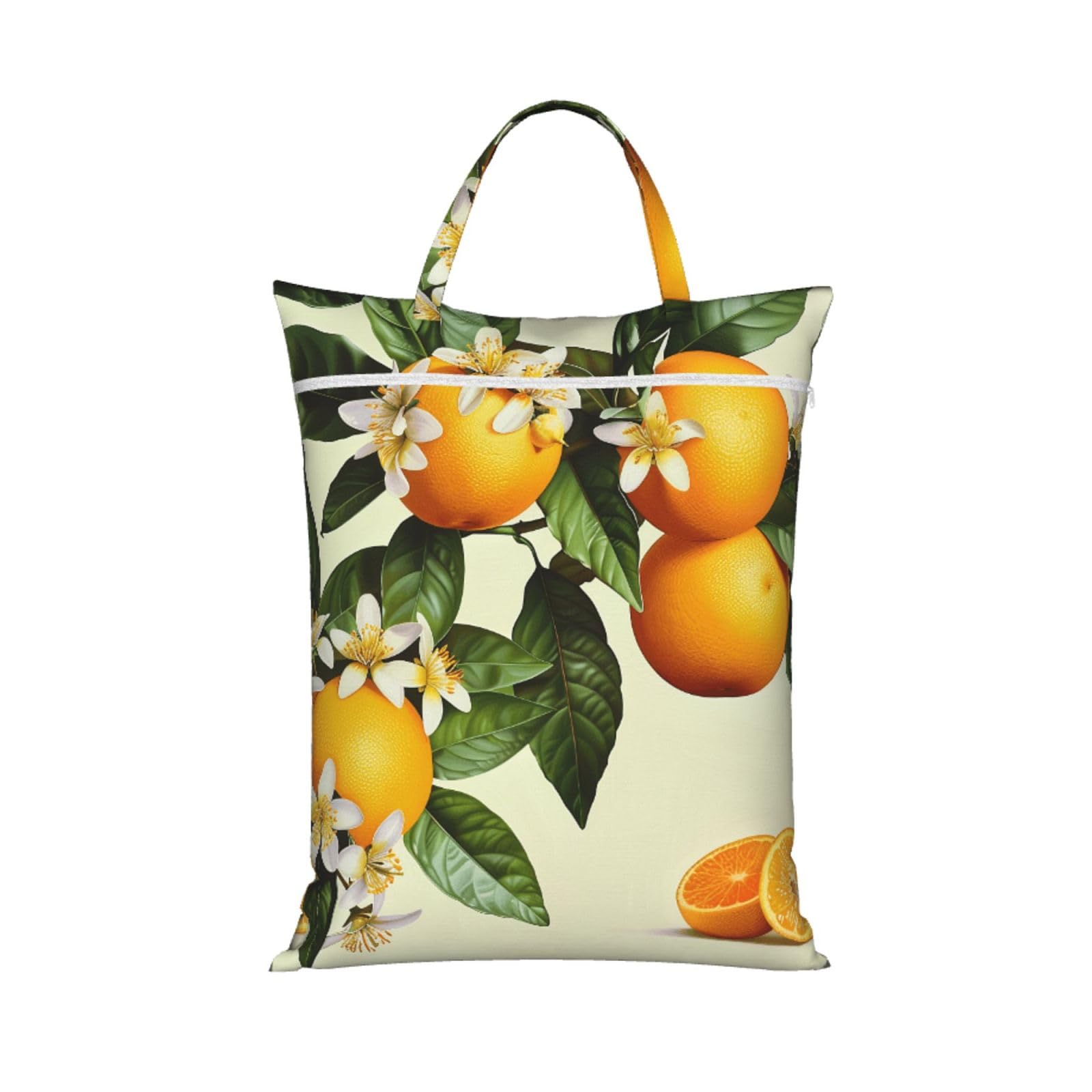 Large Travel Laundry Bags,Yellow Blossom And Orange Fruits Print with Handle Foldable Laundry Bag for Holidays Gym Swimming and Family Trips, 1Pcs