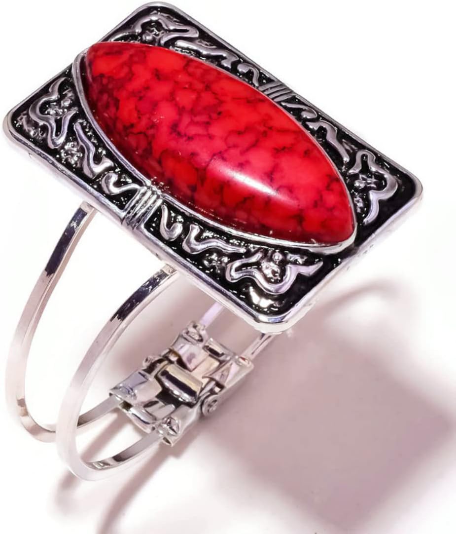 Red Coral Turquoise Cabochon Marquis Gemstone Handmade Oxidized Engraved Antique Cuff Bangle Bracelet