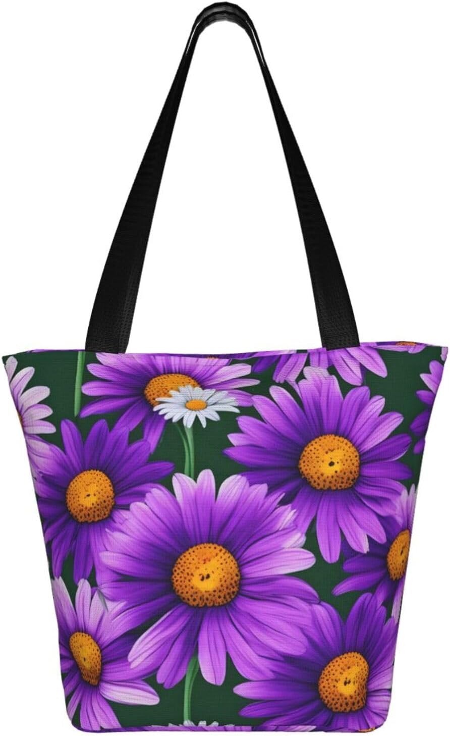 Purple Daisy Print Comfortable Summer Shoulder Bag Canvas Tote Travel Beach Hiking Shopping Weekend