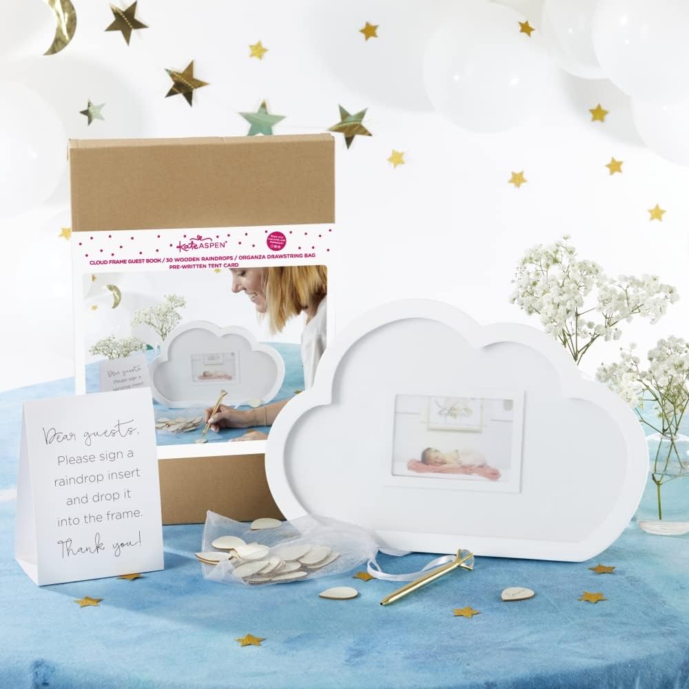 Kate Aspen Baby Shower Guest Book Cloud Frame with Wooden Rain Drops Guestbook Alternative, Nursery Decor, Baby Shower Decorations, Sonogram Picture Frame