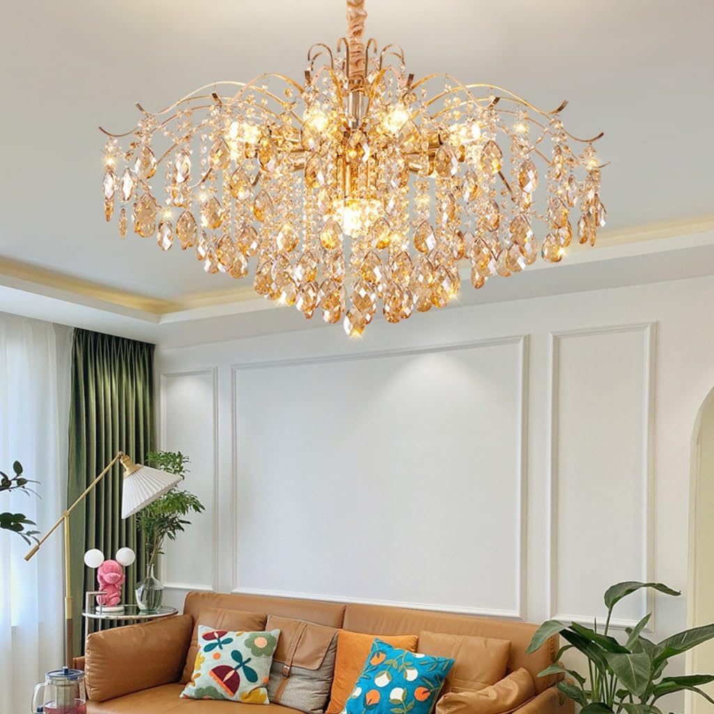 Kristall Gold Kronleuchte Moderne Pendelleuchte, Kristall Lampenschirm Hängelampe Für Lampe Wohnzimmer Esszimmer, Pendellampe Mit E14 Lüster Für Schlafzimmer Küche Villa, Deckenleuchte(80CM)