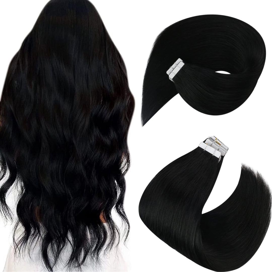 24 inch Semi-permanent Tape Attached Real Remi Remy 100 Human Hair Tape in Extensions 40g 20pcs Invisible Seamless Reusable Skin Weft Black Color #1
