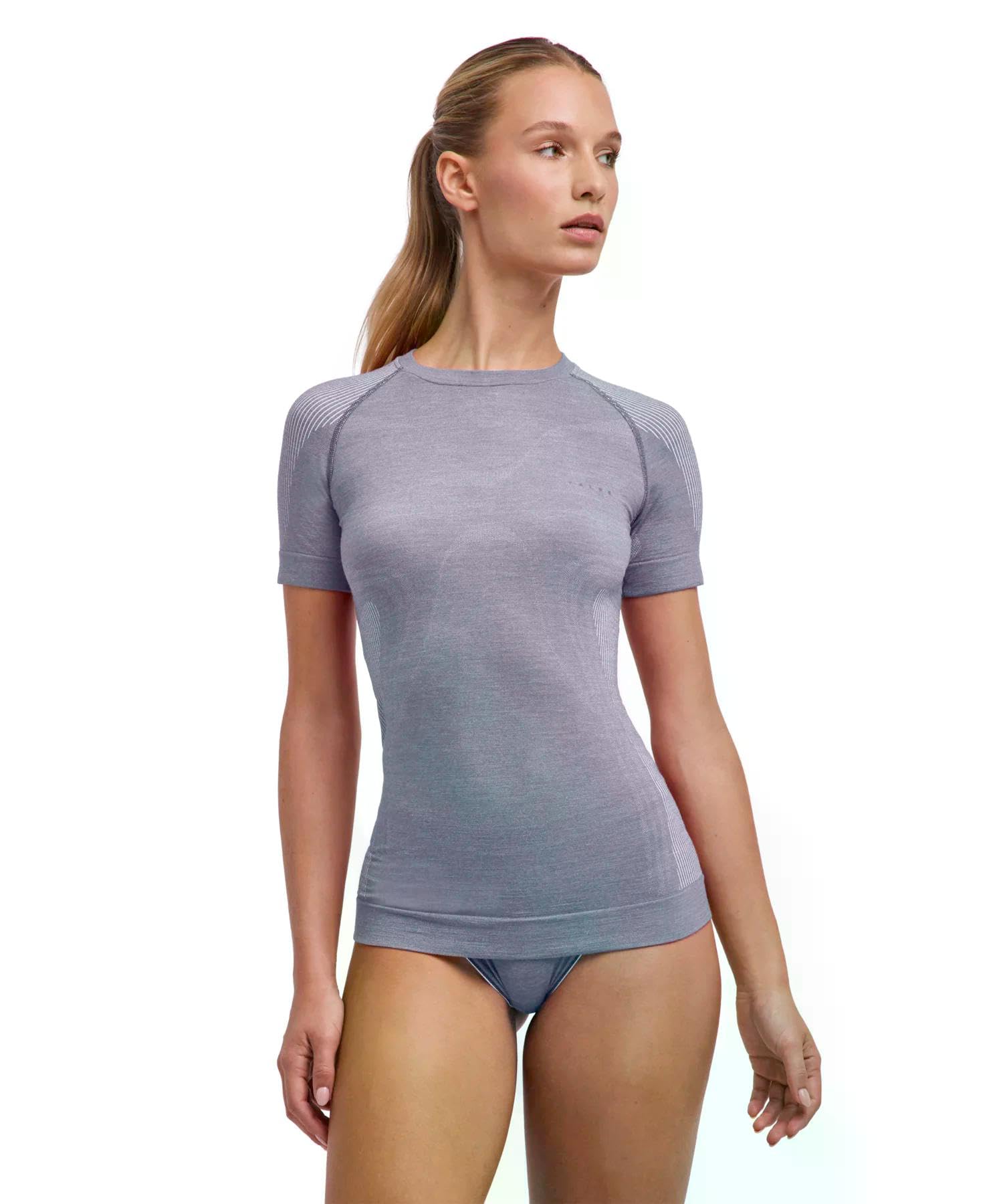 FALKE Kobiety Warstwa podstawowa (góra) Wool-Tech Light W S/s Ts wełna materiał funkcjonalny regulujące klimat 1 Sztuka, Szary Grey-Heather 3757, S