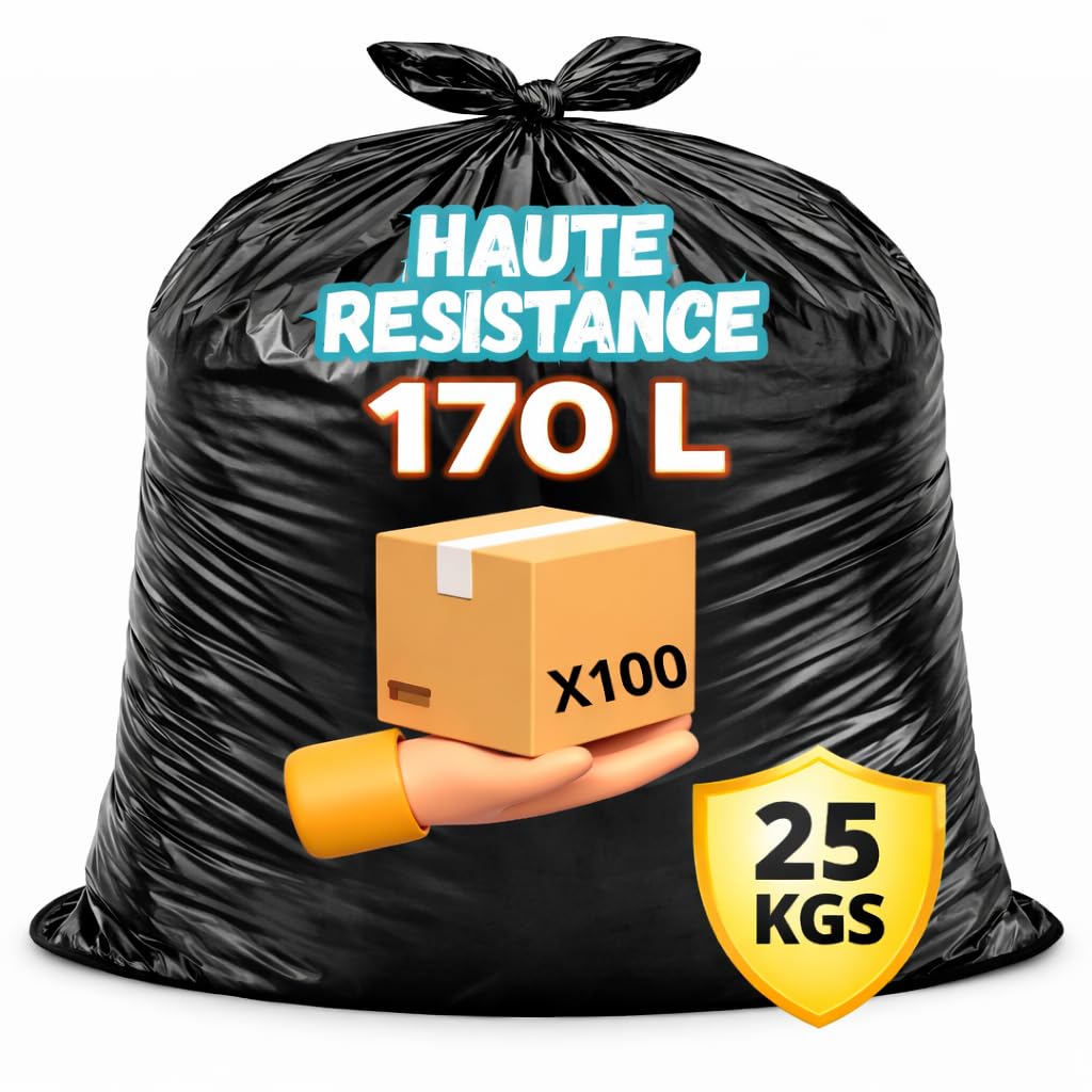 Bolsa de basura gruesa 170l | Caja de 50 bolsas negras ultra resistentes | Grosor 55 micras | Residuos Pesados, Jardín, Papeles, Alimentos | Talleres - Oficinas - Particulares