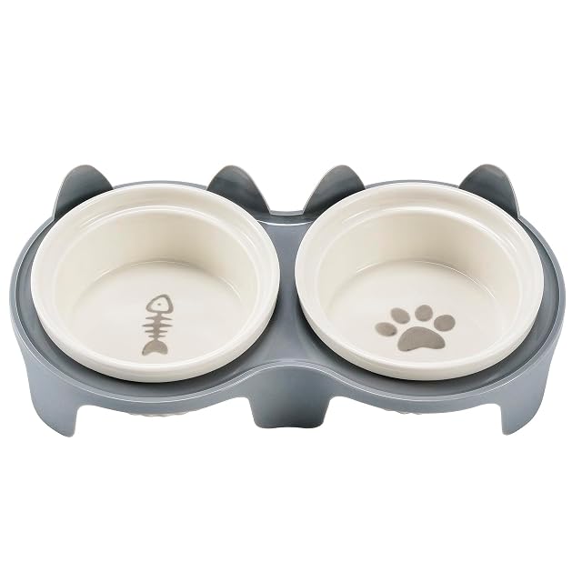 Foto 2 de 8 de Juego de cuencos de cerámica para gatos con soporte, juego de 2 piezas