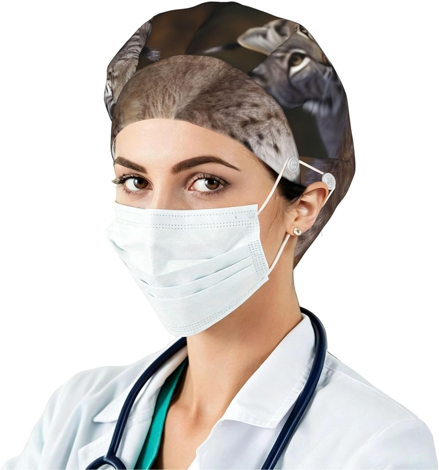 Canada Lynx Bouffant Cap with Buttons, Sweatband Cap Black