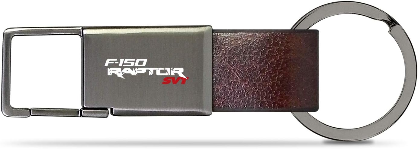 iPick Image Made for Ford F-150 Raptor SVT Brown Leather Strap Gunmetal Pull-Out Metal Premium Key Chain