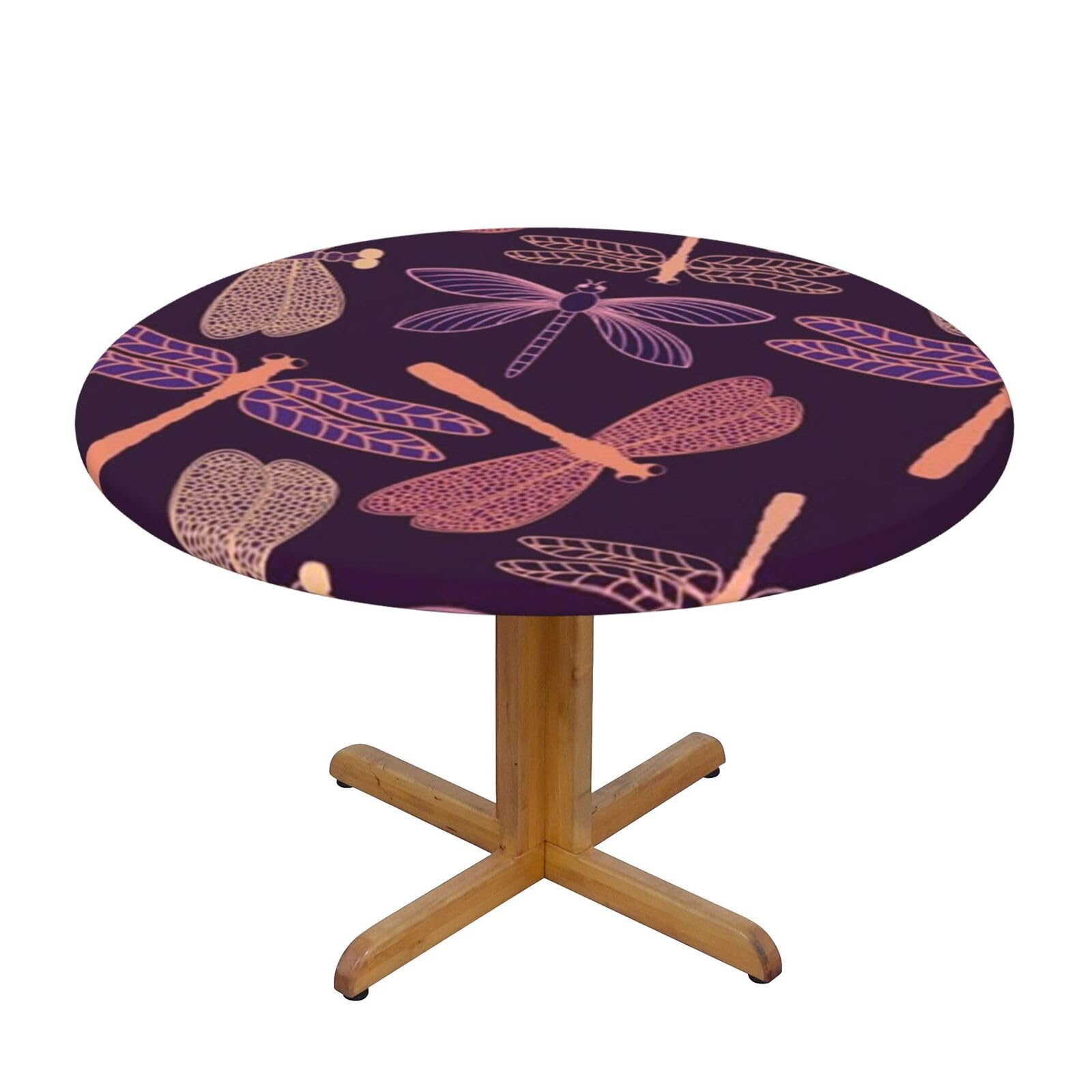 Ffshkowe Purple Dragonfly Elastic Round Tablecloth Oil Proof Table Cover For Dining Party Picnic