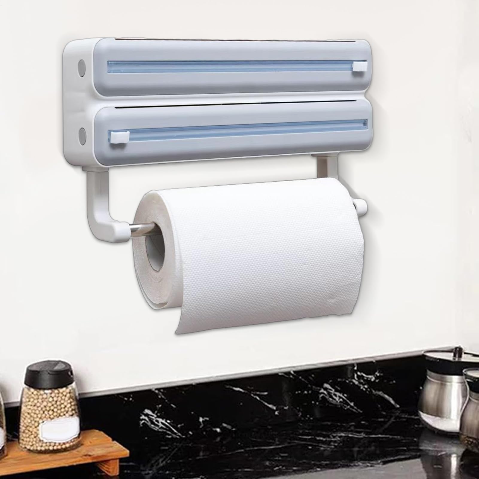Dispensador de película Recargable – Soporte de Pared para Papel de Aluminio de Cocina, de Almacenamiento multirollo, Soporte de película de Corte con Estante para pañuelos, Ahorro de Espacio en