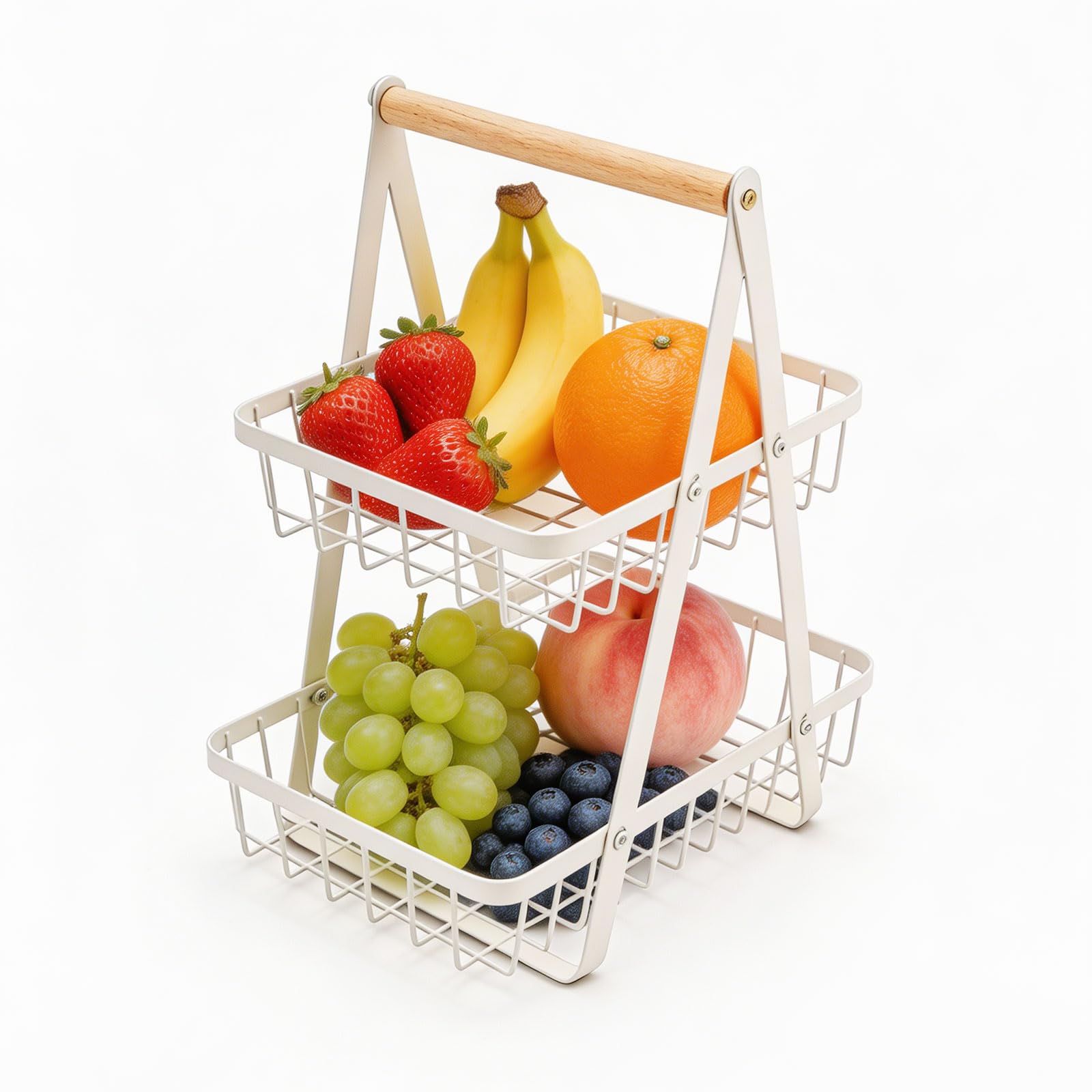 Pocvaim 2-Tier Fruit Basket Storage Rack for Kitchen Office, Detachable Metal Vegetable Basket with Wooden Handle, Stable and Portable Design for Fruits Vegetables Bread Snacks (white)