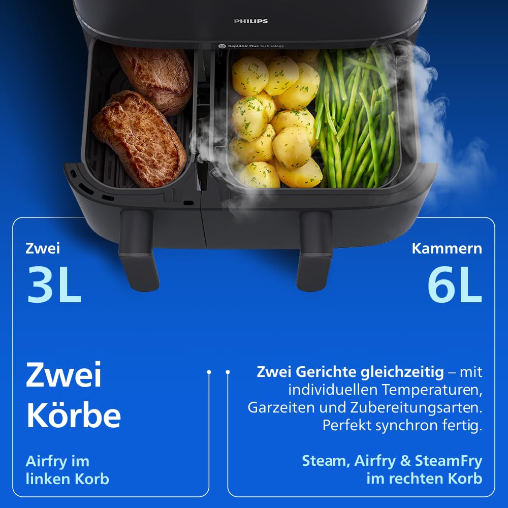 Philips Steam Airfryer 5000 Series Dual Basket Heißluftfritteuse 9L RapidAir Plus Dampfgar-Funktion NA550/00