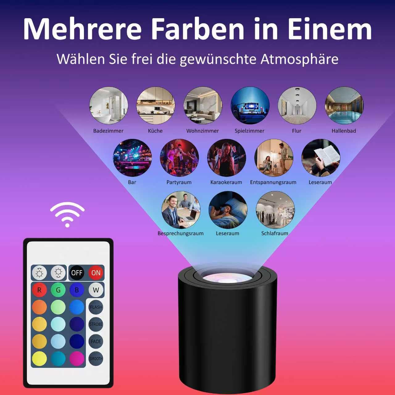 4 Stück LED Aufbauspot RGBW & Dimmbar, Deckenspot mit GU10 Fassung | Deckenstrahler 30°Schwenkbar 230V 6W RGB Kaltweiß 6500K, Aufbaustrahler mit Fernbedienung Aluminium Aufputz Spots