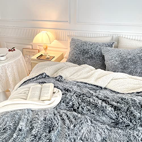 Shaggy Comforter Set Queen Size 3 Pieces Winter Faux Fur Comforter Set With 2 Pillowcases Ultra Soft And Easy Care Luxury Plush Warm Super Fleece Sherpa Bedding Set White With Dark Gray #TOP4