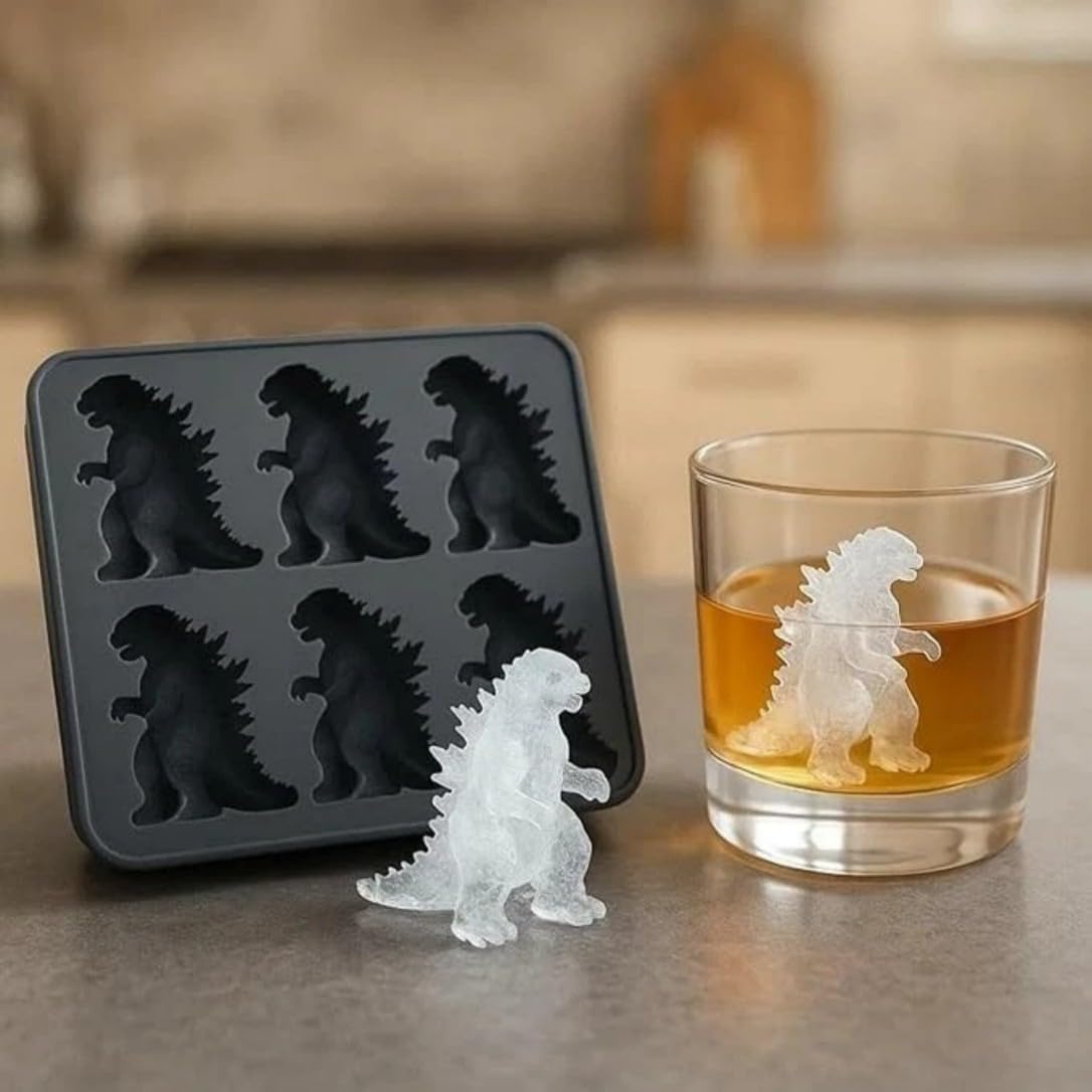 Dinosaur Silicone Ice Cube Mold Tray - 6 Cavity Large Ice Cube Maker for Whiskey, Cocktails & Beverages - BPA Free Flexible Ice Tray with Easy Release - Fun Novelty Ice Molds for Parties