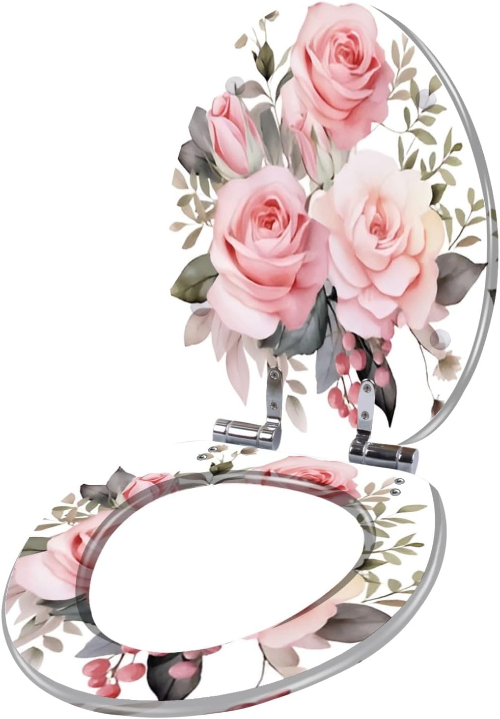 Resin Elongated Toilet Seat with Cover Quiet Close Quick Release Hinges Watercolor Romantic Pink Rose Flowers Arrangement Clipart Illustration Decorative Toilet Seat Easy to Clean Install Home Decor