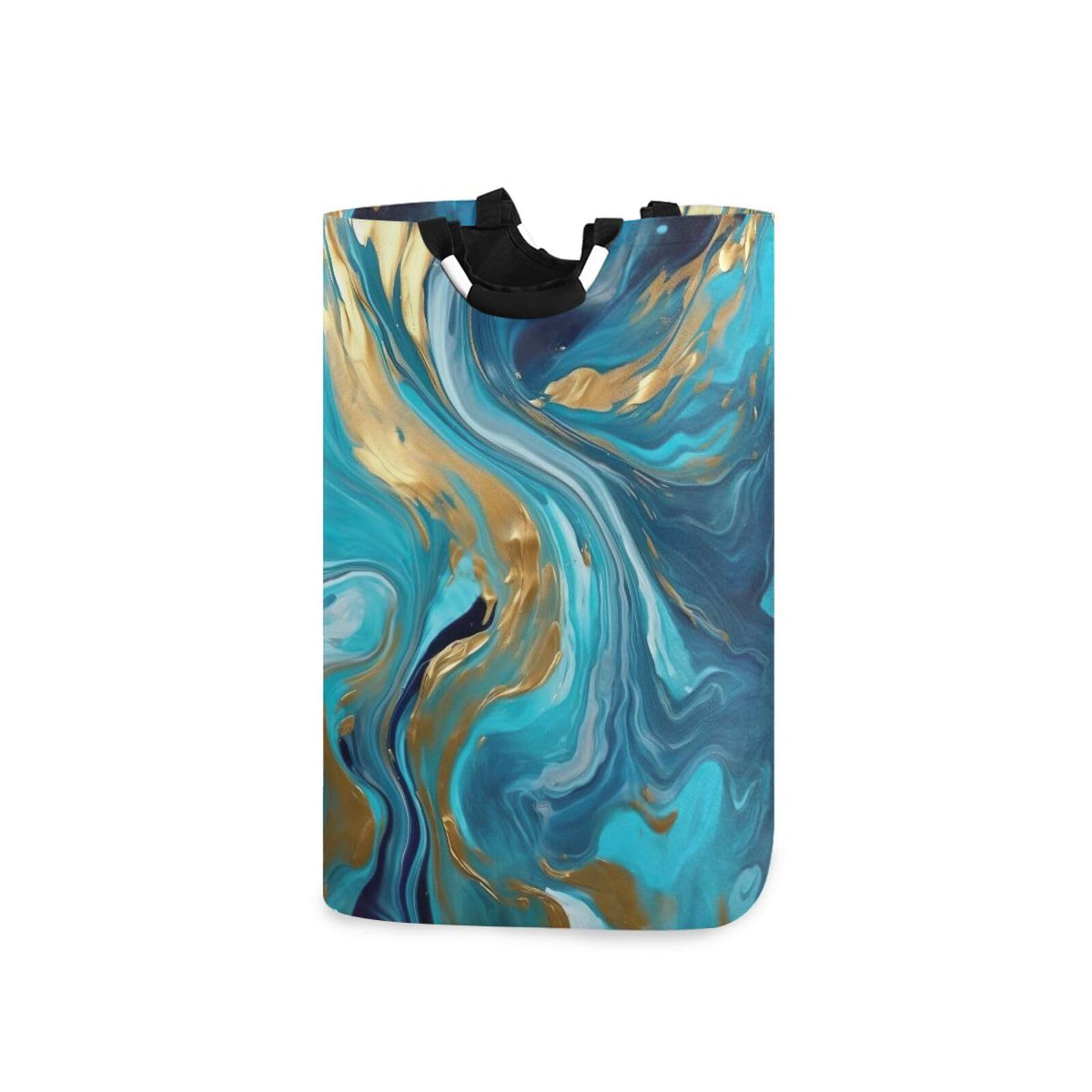 Jihqo Laundry Hamper Basket Abstract Marble Blue Collapsible Nursery Storage Bin Waterproof Clothing Baskets for Home Bedroom Bathroom Washing Room