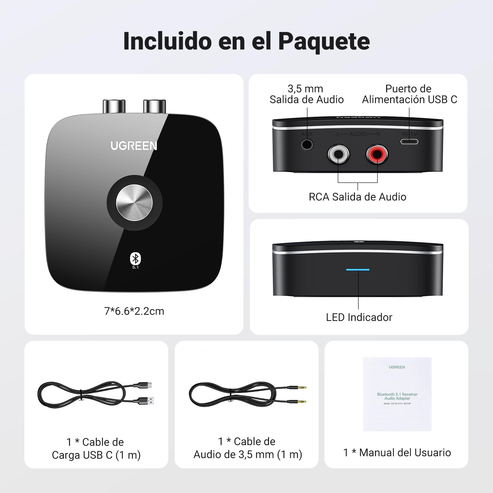 UGREEN Receptor Bluetooth 5.1 aptX HD Audio Adaptador 2RCA 3.5 mm HiFi EDR Baja Latencia Inalámbrico Compatible con Teléfono Tablet Altavoz Amplificador